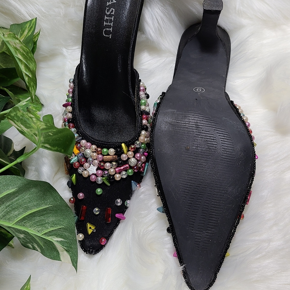 Sasha Women's Sexy Black Satin Beaded Pump Size 9